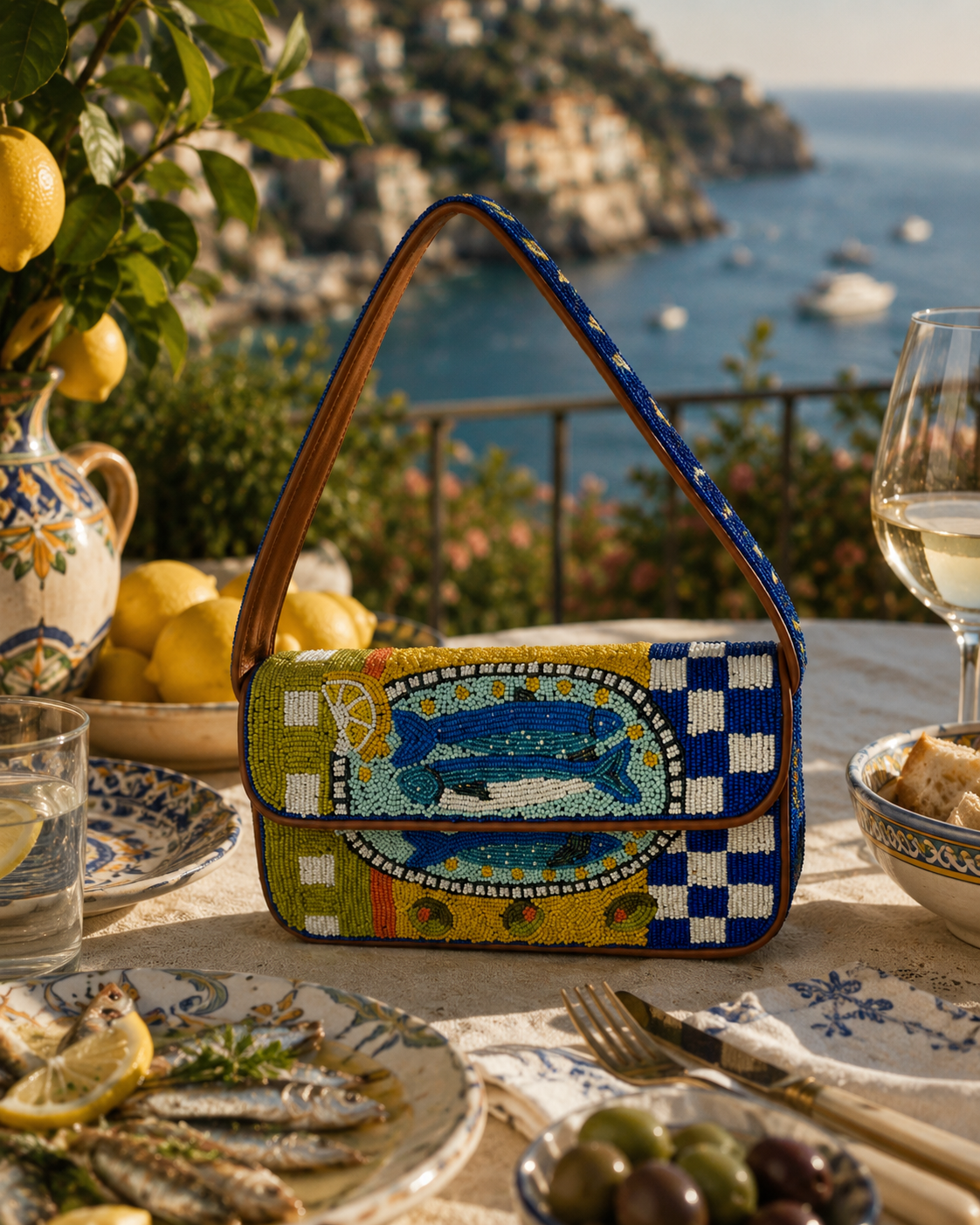 The Sardine Riviera Shoulder Bag - beaded shoulder bag with sardine and citrus motif on cobalt checkerboard