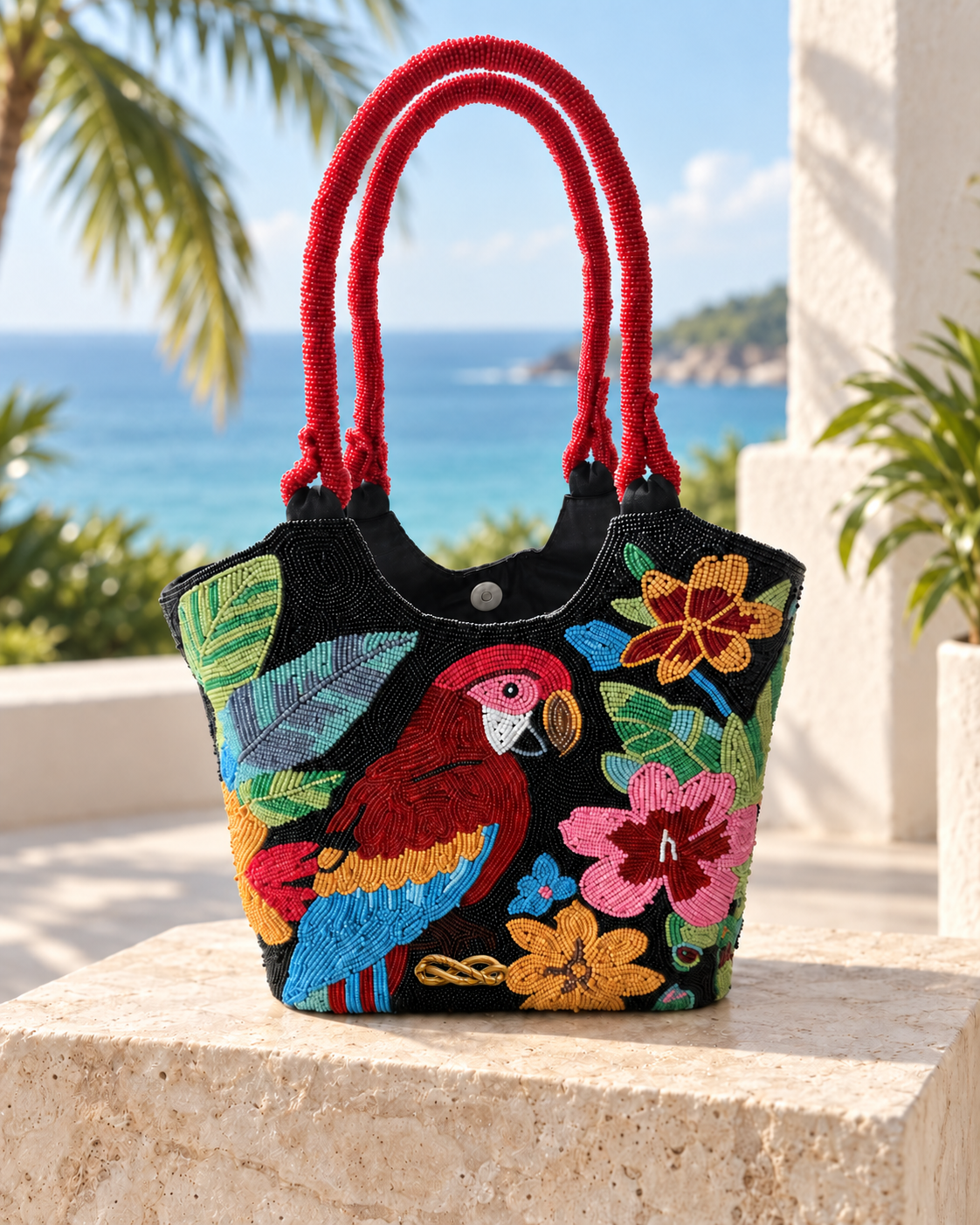 The Ara Beaded Tote - black beaded tote with scarlet macaw and floral motif