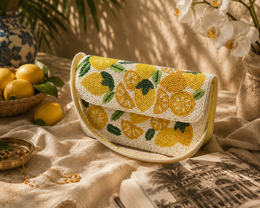 The Lemon Grove Shoulder Bag - cream beaded bag with lemon slice motif