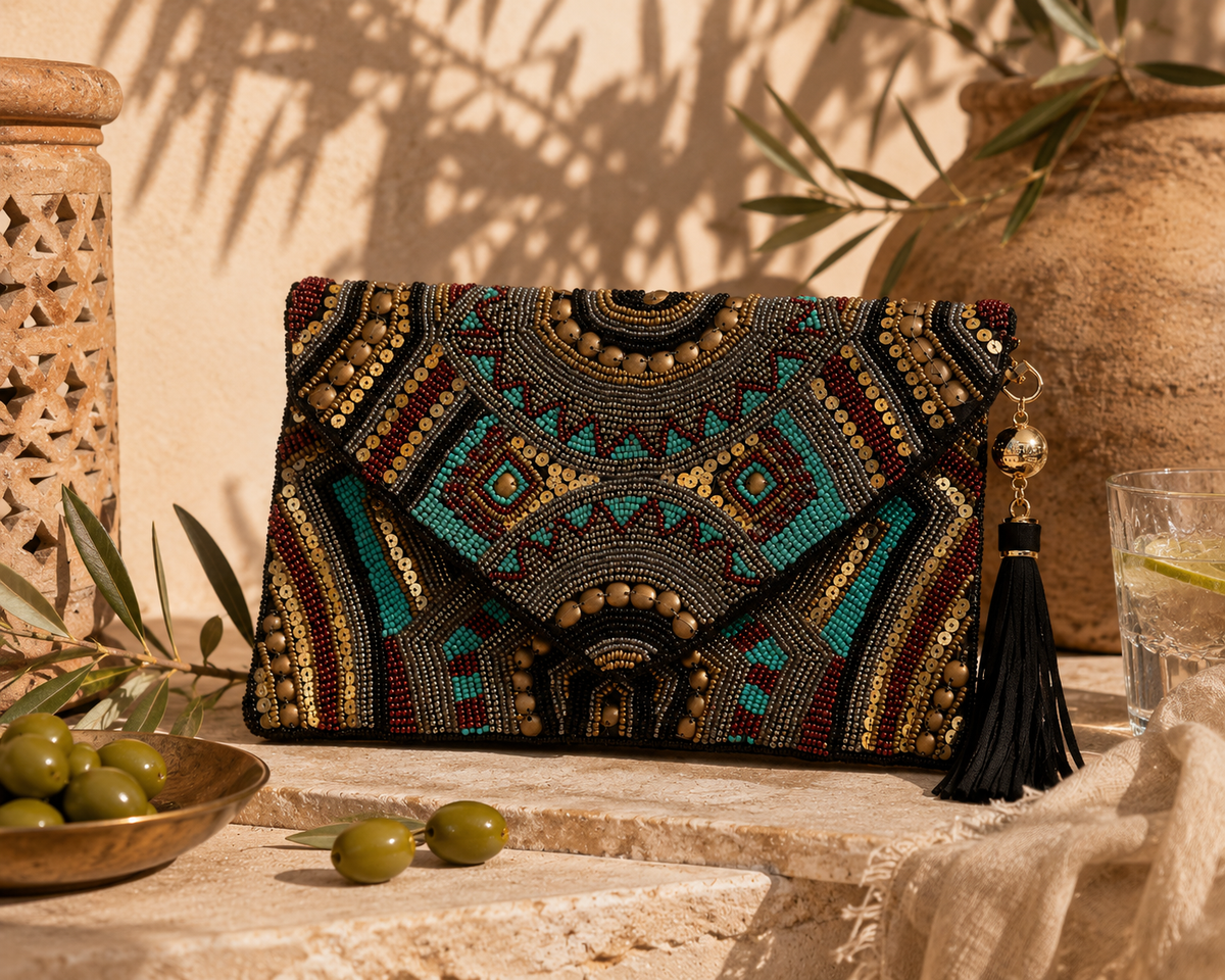 Safari Clutch - beaded clutch in teal, gold and black geometric pattern