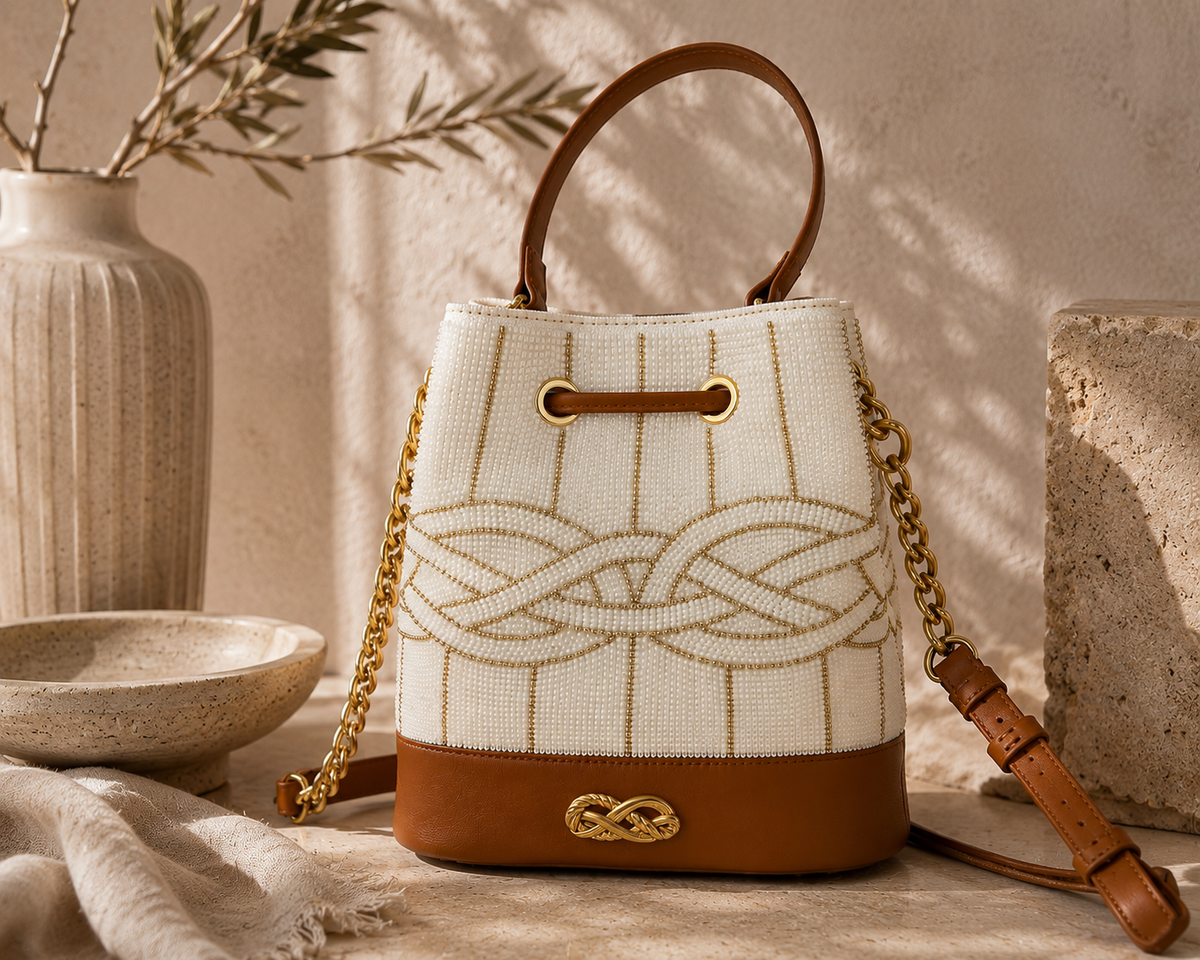 Signature Knot Bucket Bag - ivory beaded bucket bag with gold knot motif and tan leather