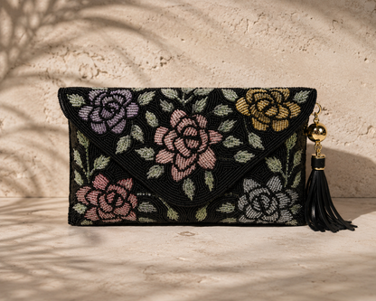The Midnight Clutch - black beaded clutch with pink and gold roses