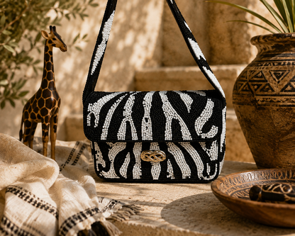 Zebra Stripes Shoulder Bag - black and white beaded flap bag with gold clasp